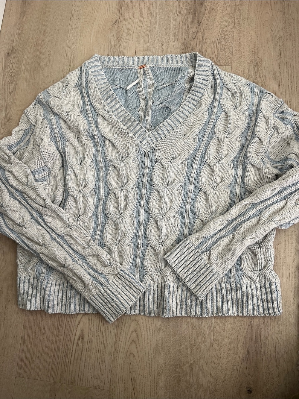Free People Chunky V‑Neck Cable Knit Sweater in Light Sky Blue